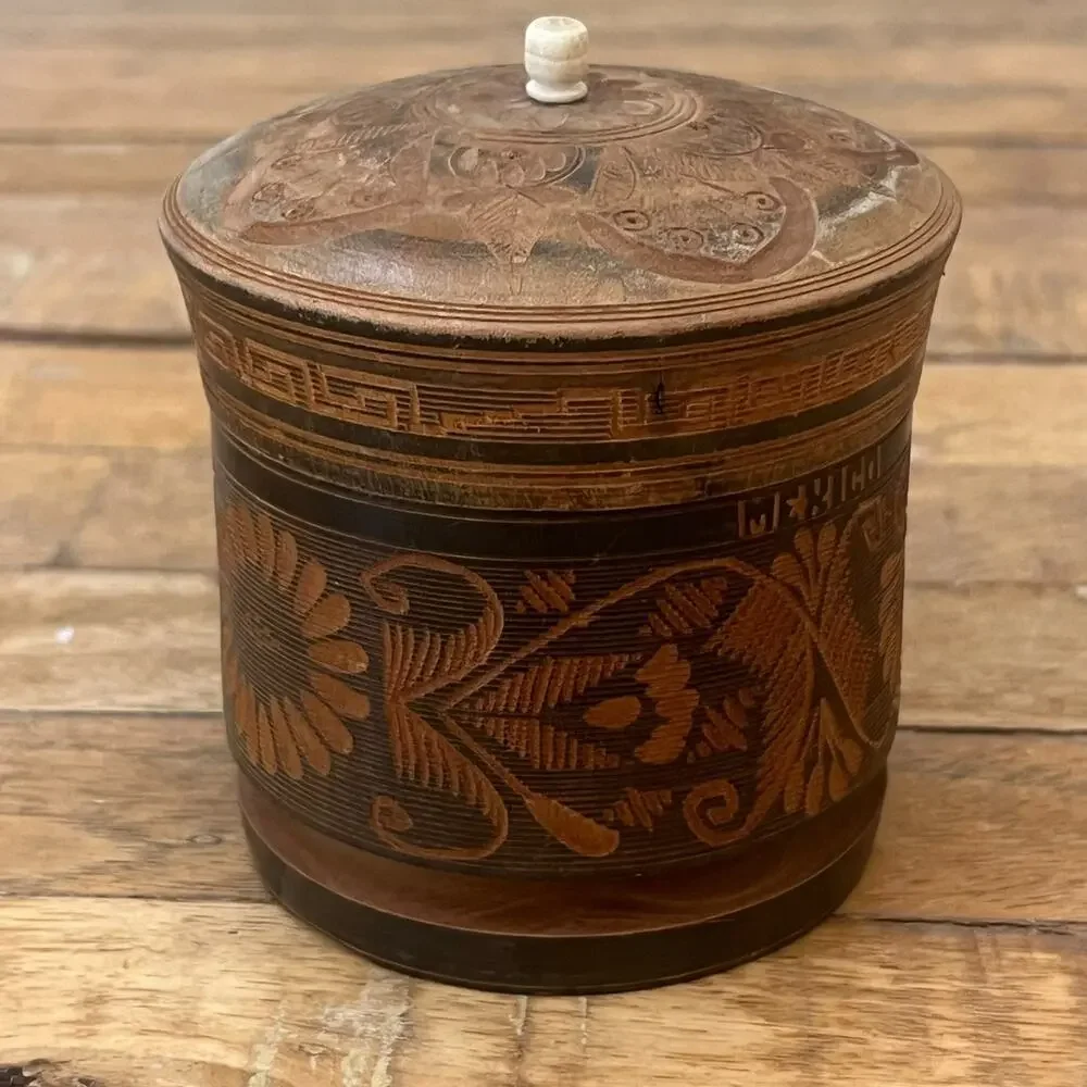 Vintage Hand Carved & Turned Solid Wood Container Trinket Box Lid 4
